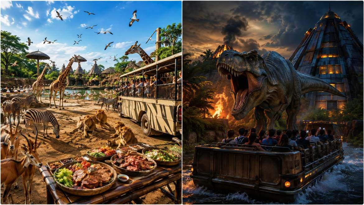 Left: Safari zoo with giraffes, zebras, and lions near a striped vehicle and dining area. Right: Dinosaur theme park attracti